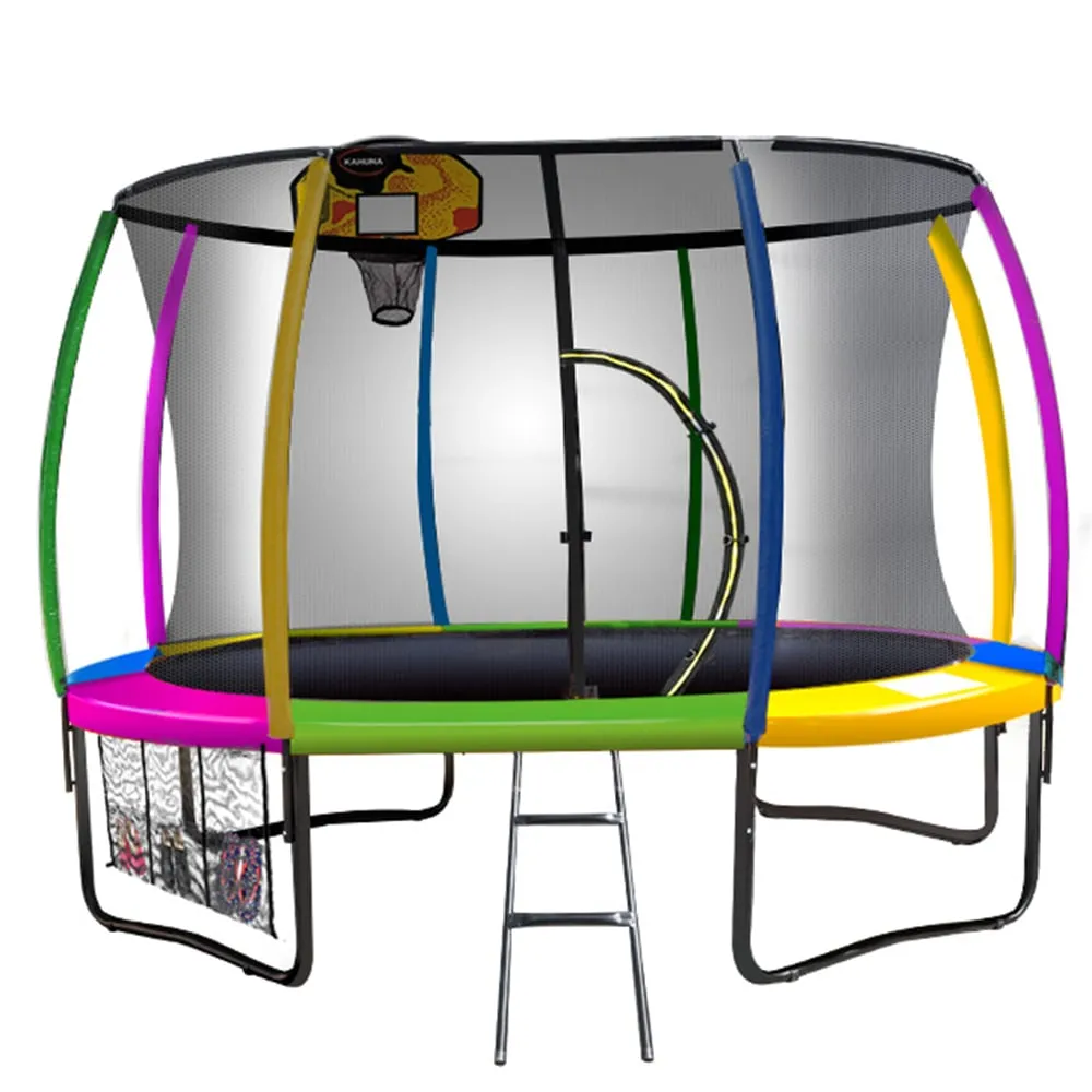 12ft Outdoor Trampoline for Kids with Safety Enclosure, Pad, Mat, Ladder, and Basketball Hoop Set - Rainbow