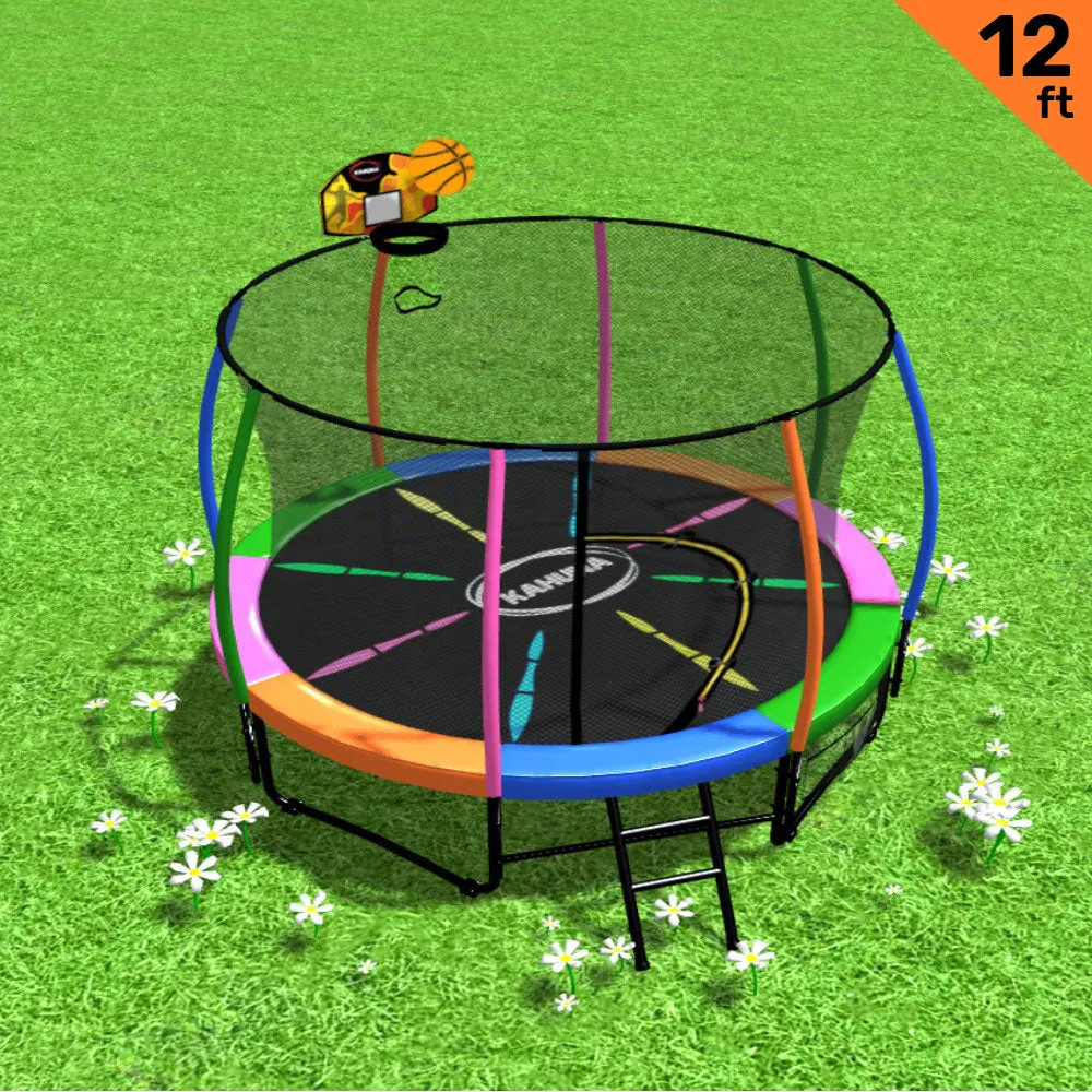 12ft Outdoor Trampoline for Kids with Safety Enclosure, Pad, Mat, Ladder, and Basketball Hoop Set - Rainbow