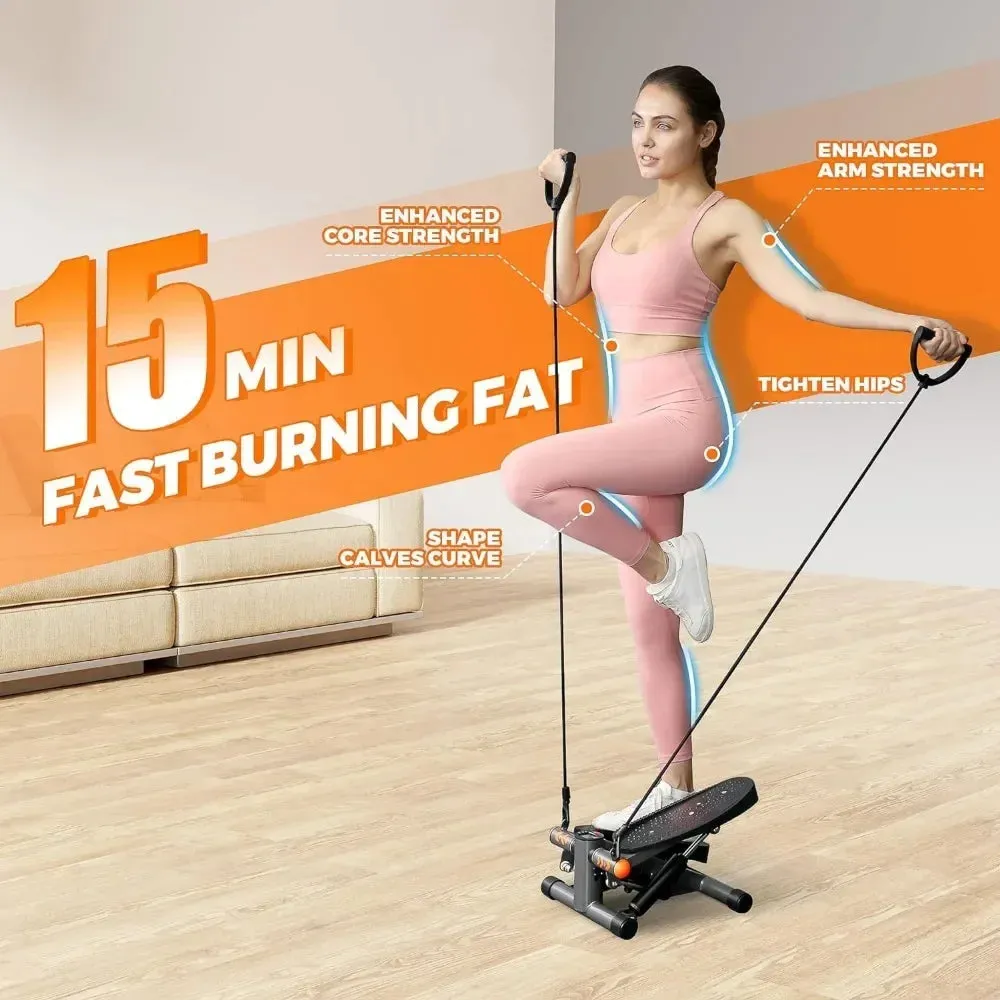 Hydraulic Stepper with Resistance Bands  350LB Capacity Home Gym Equipment, Full-Body Cardio Machine with LED Display & Twist Motion (Compact)