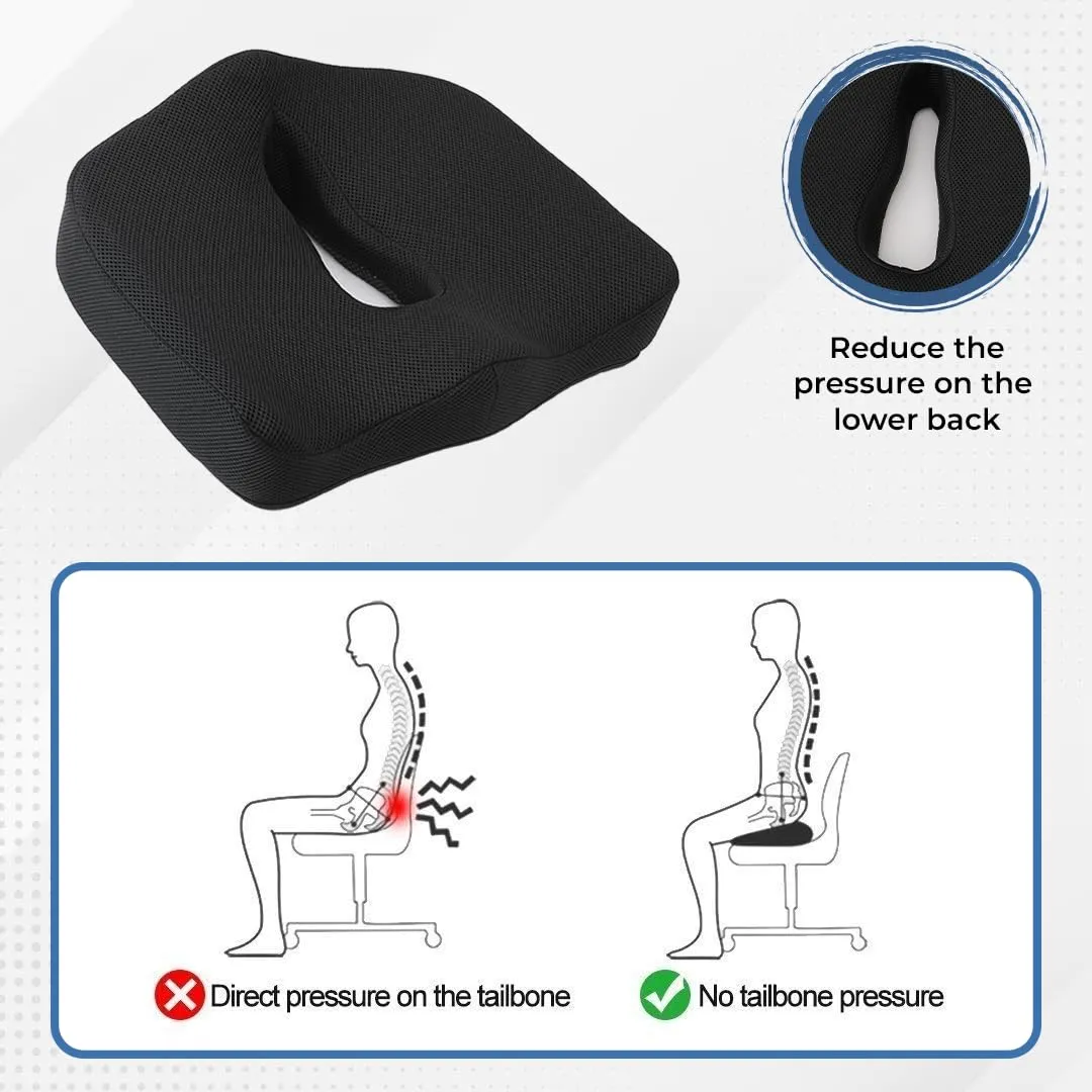 SAVYA HOME Seat Cushion for Chair, Premium Memory Foam Orthopedic Cushion with Adjustable Dual Straps, Machine Washable Cushion for Tail Bone Pain Relief (Black)