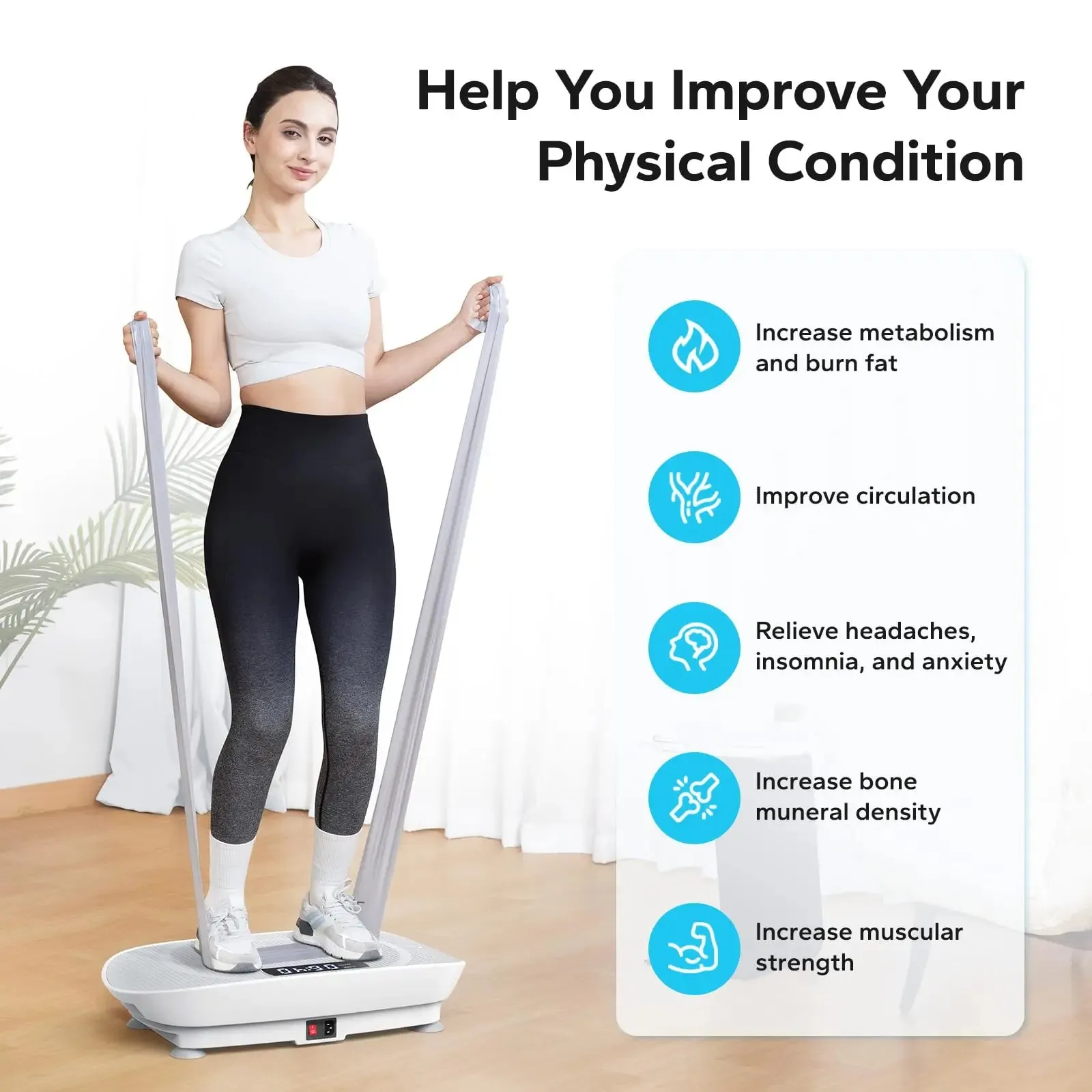 Whole Body Vibration Plate Machine  10-Level Power Vibrate Platform with Resistance Bands & Remote, 300LB Capacity for Home Fitness (Quiet, LED Display)